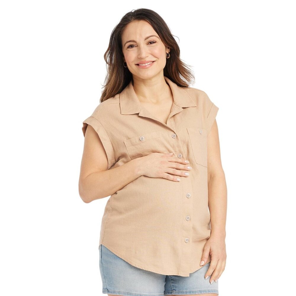 NWT Isabel Maternity By Ingrid & Isabel Button-Up Maternity Shirt Taupe Brown XS
